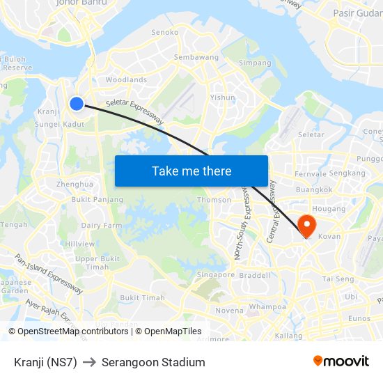 Kranji (NS7) to Serangoon Stadium map