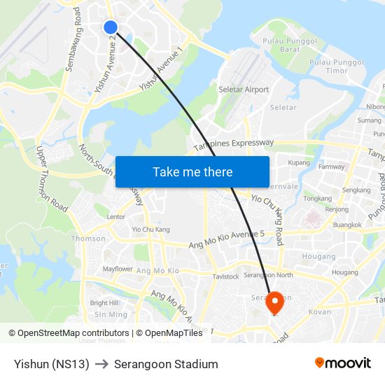 Yishun (NS13) to Serangoon Stadium map