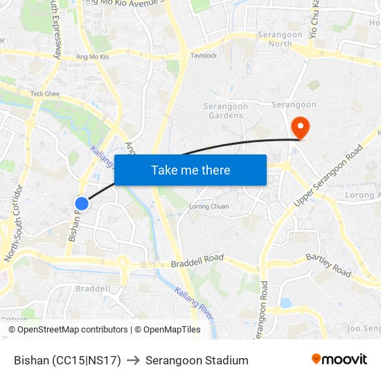 Bishan (CC15|NS17) to Serangoon Stadium map
