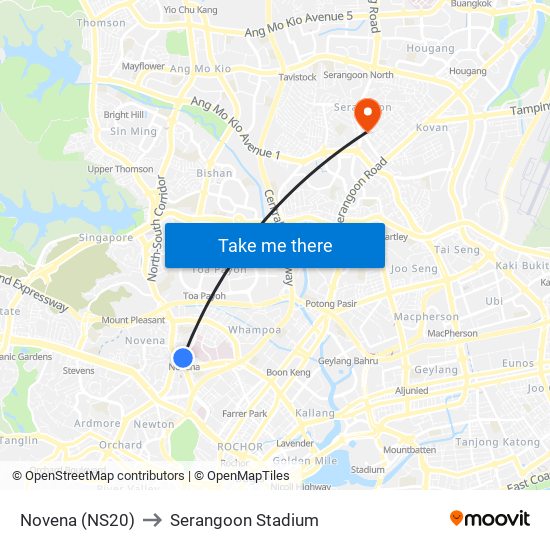 Novena (NS20) to Serangoon Stadium map