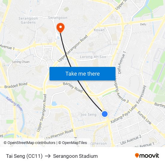 Tai Seng (CC11) to Serangoon Stadium map