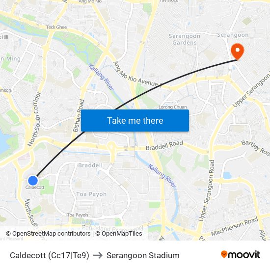 Caldecott (Cc17|Te9) to Serangoon Stadium map