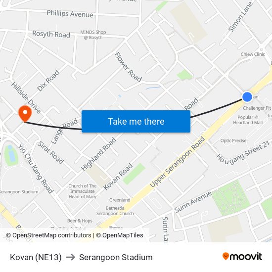 Kovan (NE13) to Serangoon Stadium map