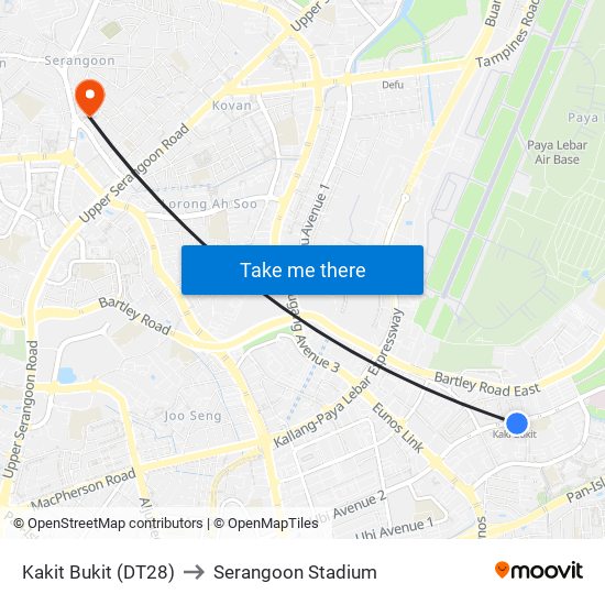 Kakit Bukit (DT28) to Serangoon Stadium map