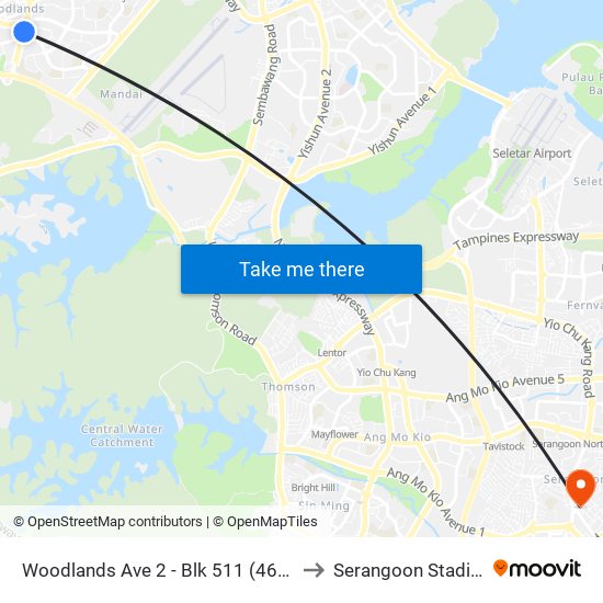 Woodlands Ave 2 - Blk 511 (46331) to Serangoon Stadium map