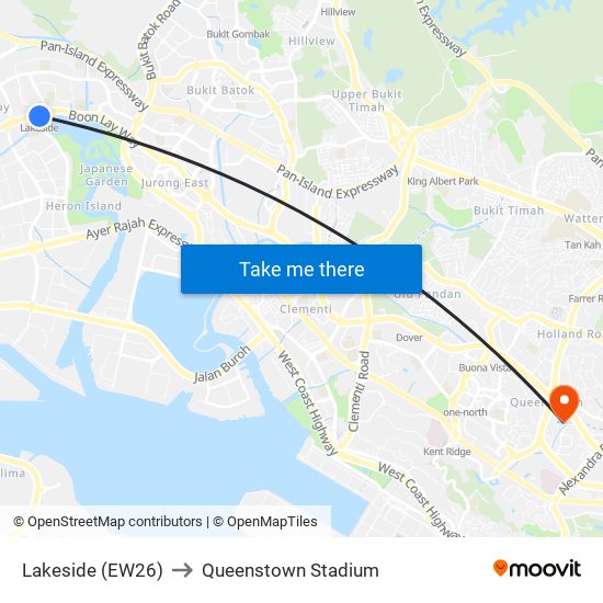 Lakeside (EW26) to Queenstown Stadium map