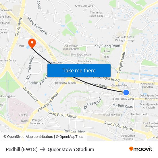 Redhill (EW18) to Queenstown Stadium map