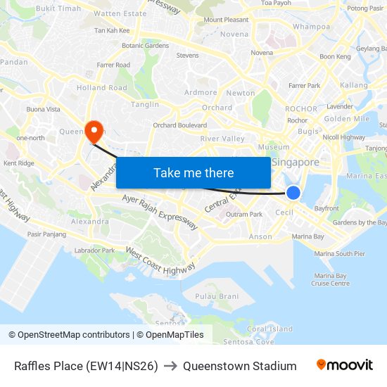 Raffles Place (EW14|NS26) to Queenstown Stadium map