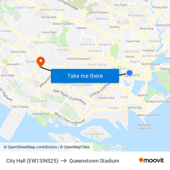 City Hall (EW13|NS25) to Queenstown Stadium map