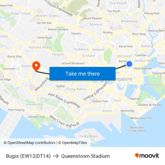 Bugis (EW12|DT14) to Queenstown Stadium map