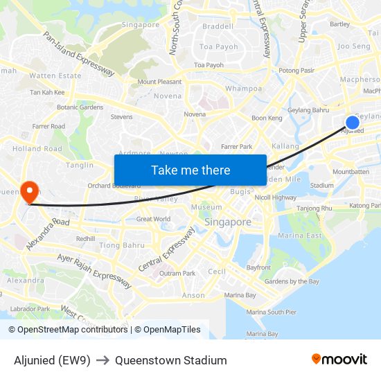 Aljunied (EW9) to Queenstown Stadium map