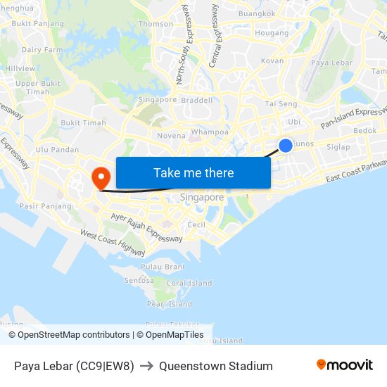 Paya Lebar (CC9|EW8) to Queenstown Stadium map