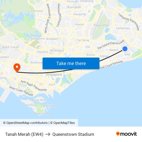 Tanah Merah (EW4) to Queenstown Stadium map