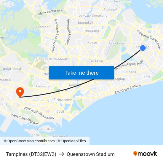 Tampines (DT32|EW2) to Queenstown Stadium map