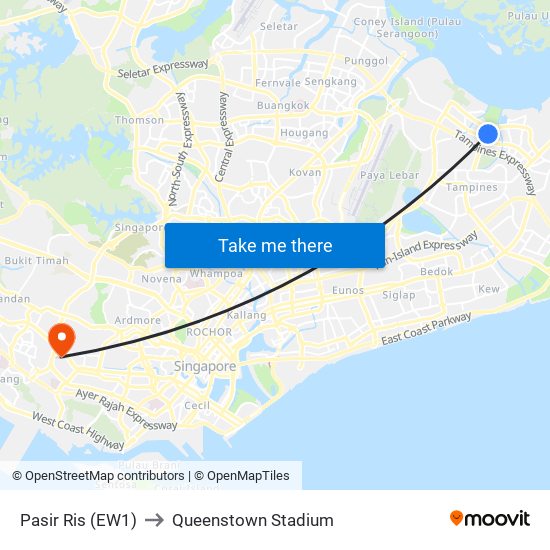 Pasir Ris (EW1) to Queenstown Stadium map