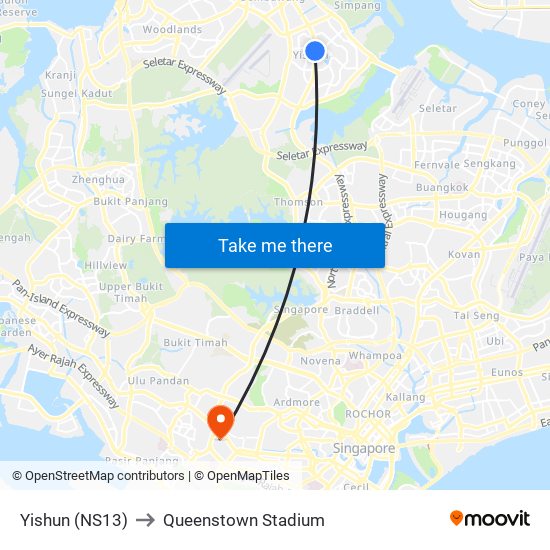 Yishun (NS13) to Queenstown Stadium map