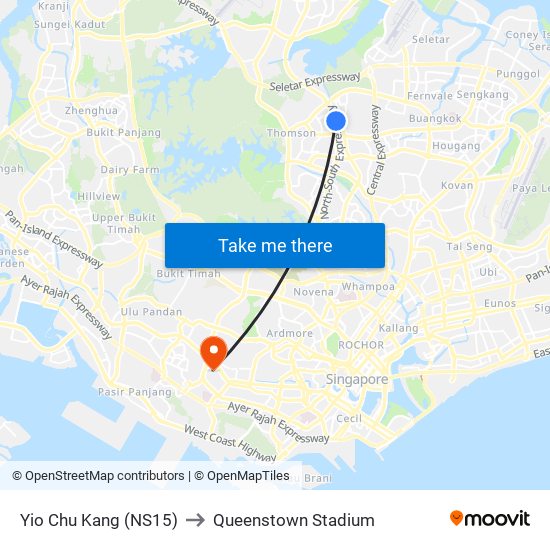 Yio Chu Kang (NS15) to Queenstown Stadium map