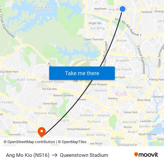 Ang Mo Kio (NS16) to Queenstown Stadium map