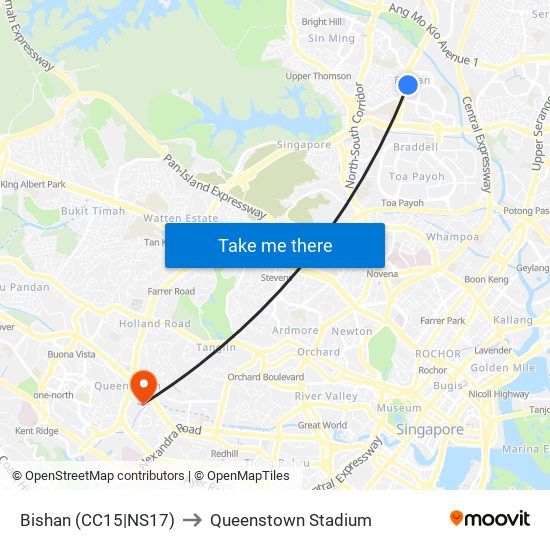 Bishan (CC15|NS17) to Queenstown Stadium map