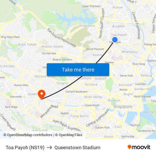 Toa Payoh (NS19) to Queenstown Stadium map