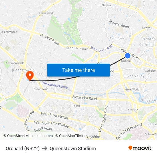 Orchard (NS22) to Queenstown Stadium map