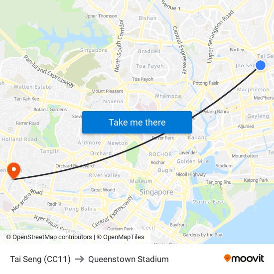 Tai Seng (CC11) to Queenstown Stadium map