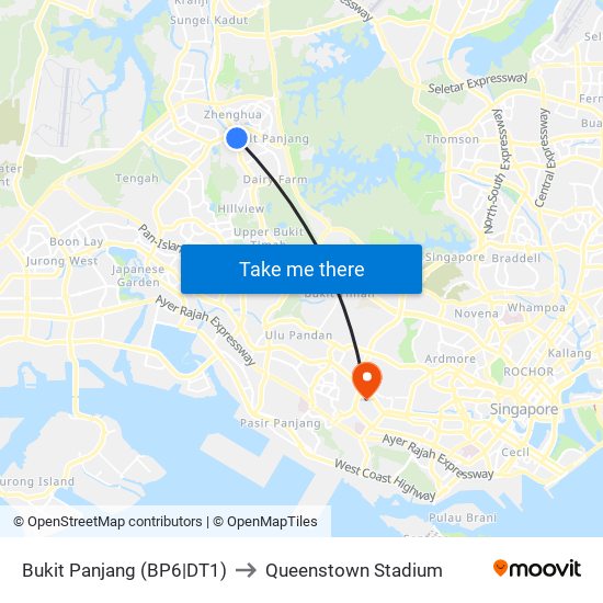Bukit Panjang (BP6|DT1) to Queenstown Stadium map