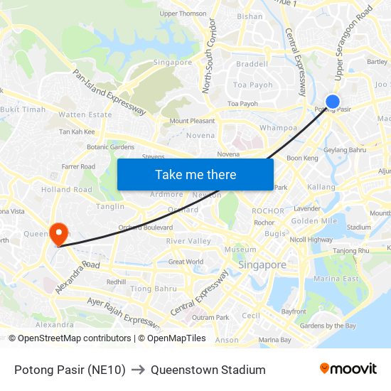 Potong Pasir (NE10) to Queenstown Stadium map