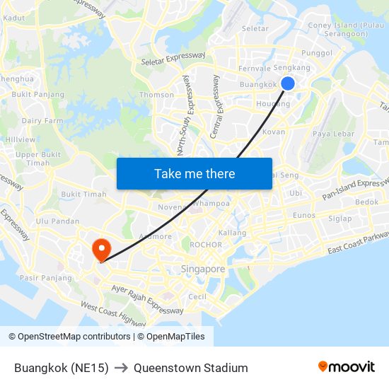 Buangkok (NE15) to Queenstown Stadium map