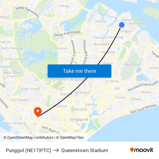 Punggol (NE17|PTC) to Queenstown Stadium map