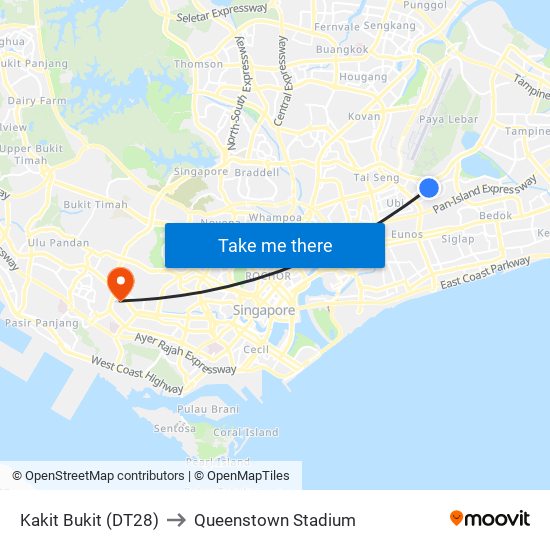 Kakit Bukit (DT28) to Queenstown Stadium map