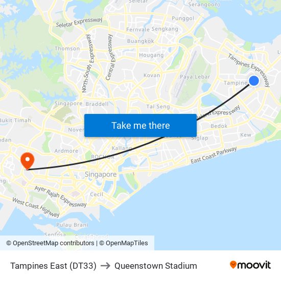 Tampines East (DT33) to Queenstown Stadium map