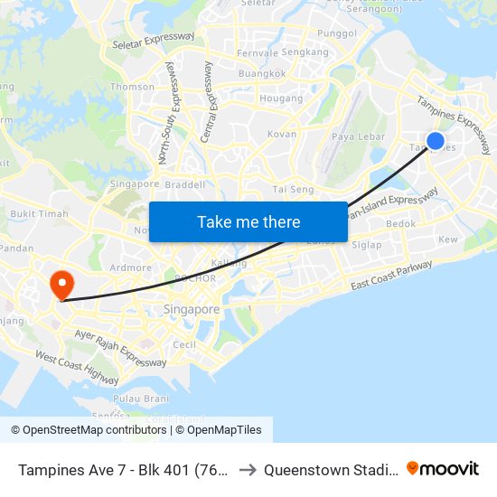 Tampines Ave 7 - Blk 401 (76191) to Queenstown Stadium map