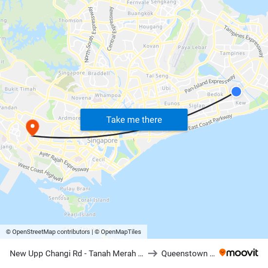 New Upp Changi Rd - Tanah Merah Stn Exit B (85091) to Queenstown Stadium map