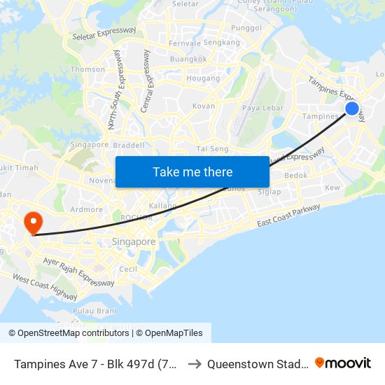 Tampines Ave 7 - Blk 497d (76241) to Queenstown Stadium map