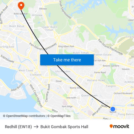 Redhill (EW18) to Bukit Gombak Sports Hall map