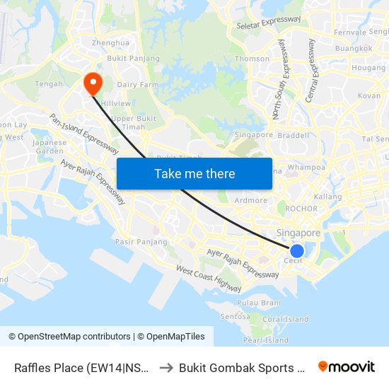 Raffles Place (EW14|NS26) to Bukit Gombak Sports Hall map