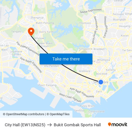 City Hall (EW13|NS25) to Bukit Gombak Sports Hall map