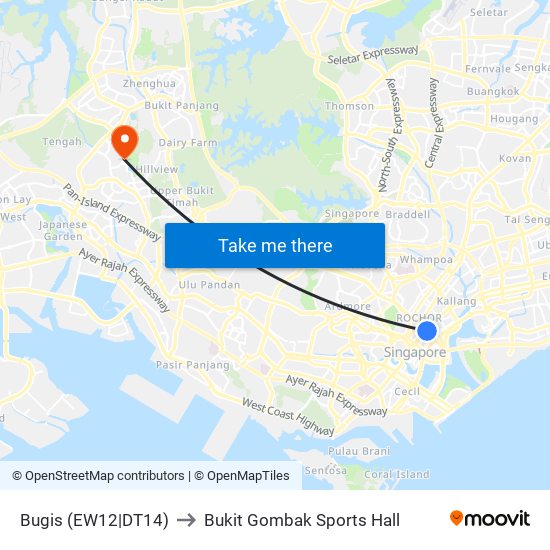 Bugis (EW12|DT14) to Bukit Gombak Sports Hall map