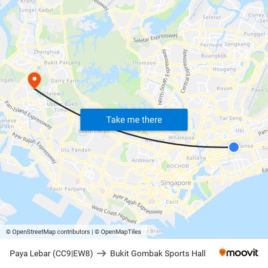 Paya Lebar (CC9|EW8) to Bukit Gombak Sports Hall map