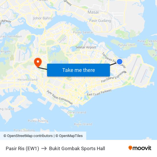 Pasir Ris (EW1) to Bukit Gombak Sports Hall map
