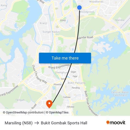 Marsiling (NS8) to Bukit Gombak Sports Hall map