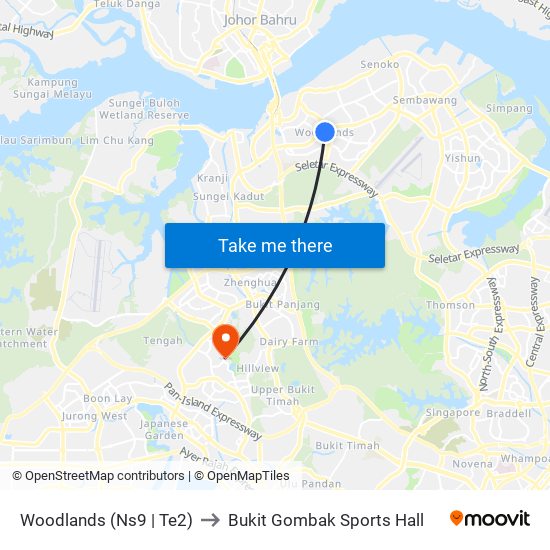 Woodlands (Ns9 | Te2) to Bukit Gombak Sports Hall map