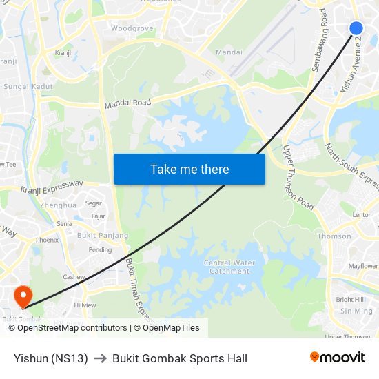 Yishun (NS13) to Bukit Gombak Sports Hall map