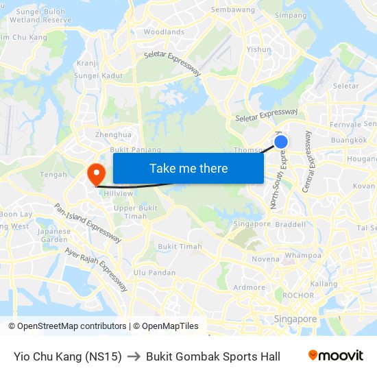 Yio Chu Kang (NS15) to Bukit Gombak Sports Hall map