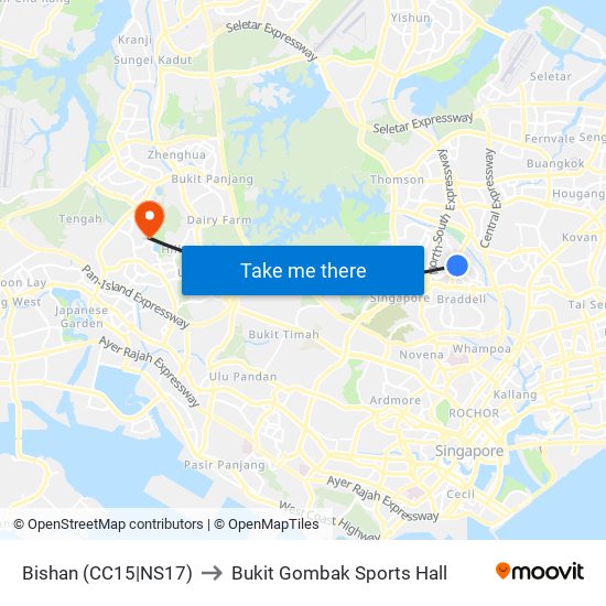 Bishan (CC15|NS17) to Bukit Gombak Sports Hall map
