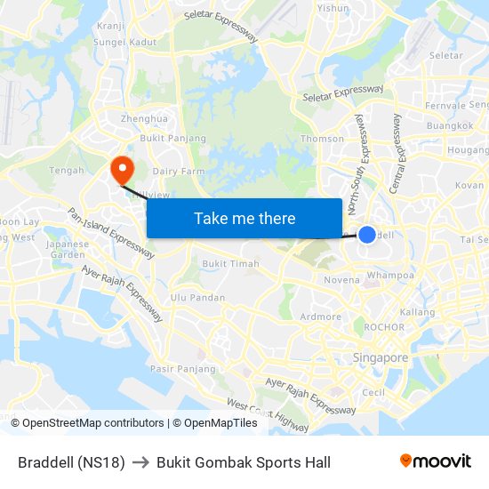 Braddell (NS18) to Bukit Gombak Sports Hall map