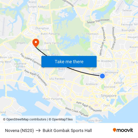 Novena (NS20) to Bukit Gombak Sports Hall map