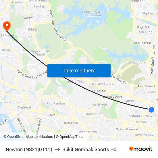 Newton (NS21|DT11) to Bukit Gombak Sports Hall map