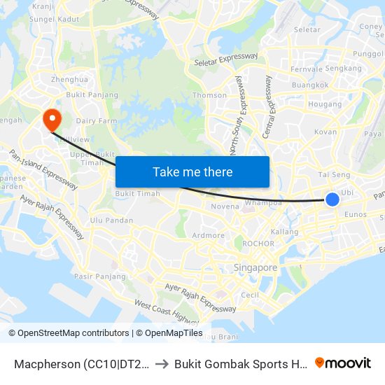 Macpherson (CC10|DT26) to Bukit Gombak Sports Hall map